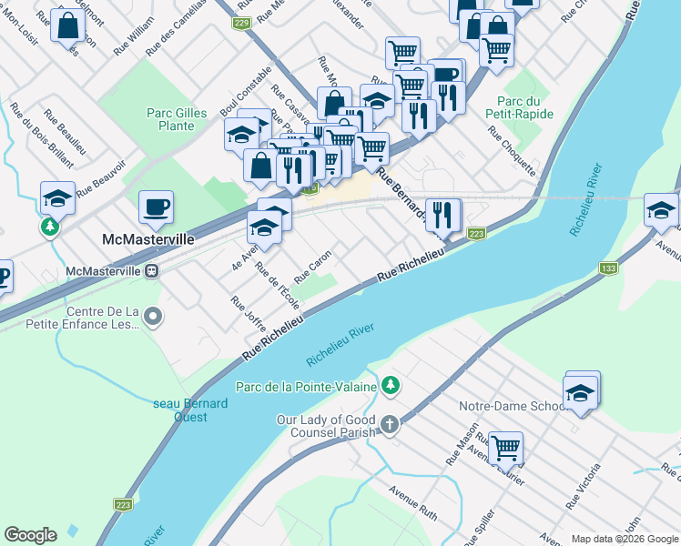 map of restaurants, bars, coffee shops, grocery stores, and more near 80 Rue Saint-François in McMasterville