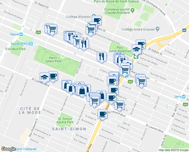 map of restaurants, bars, coffee shops, grocery stores, and more near 8909 Avenue Henri-Julien in Montréal