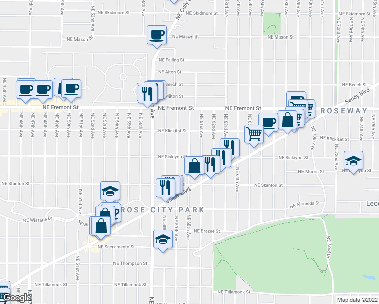 map of restaurants, bars, coffee shops, grocery stores, and more near Northeast 60th Avenue in Portland