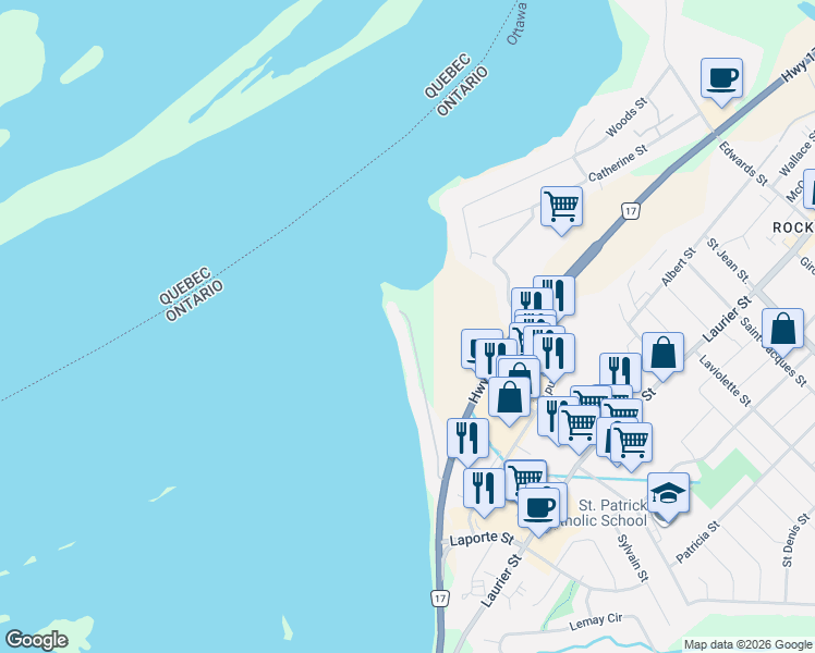 map of restaurants, bars, coffee shops, grocery stores, and more near 150 Voisine Road in Clarence-Rockland