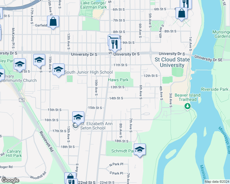 map of restaurants, bars, coffee shops, grocery stores, and more near 802 13th Street South in St. Cloud