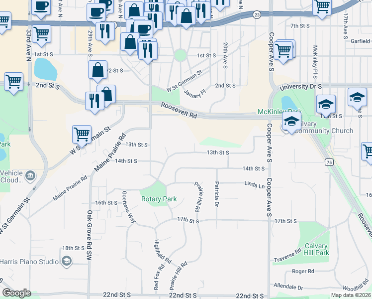 map of restaurants, bars, coffee shops, grocery stores, and more near 2209 13th Street South in St. Cloud