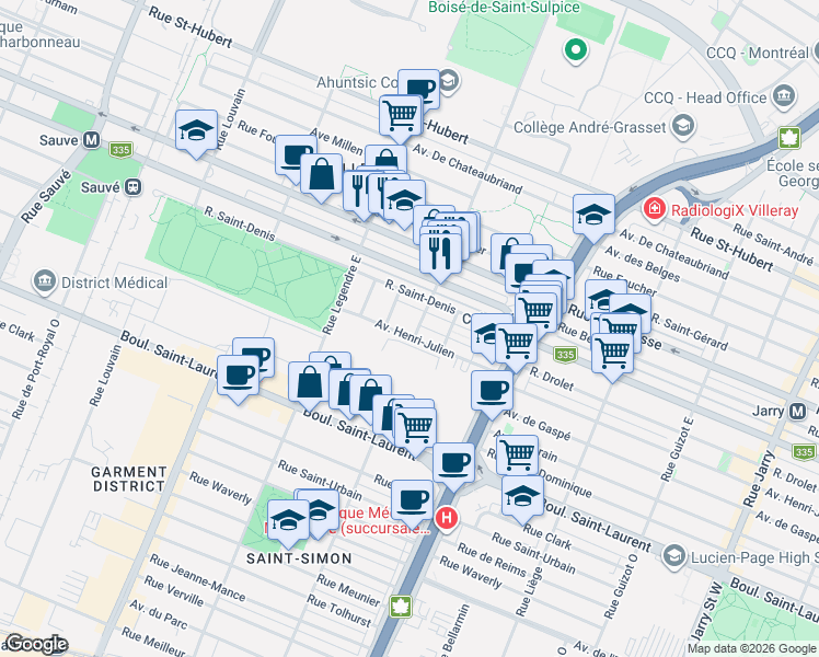 map of restaurants, bars, coffee shops, grocery stores, and more near 8909 Avenue Henri-Julien in Montréal