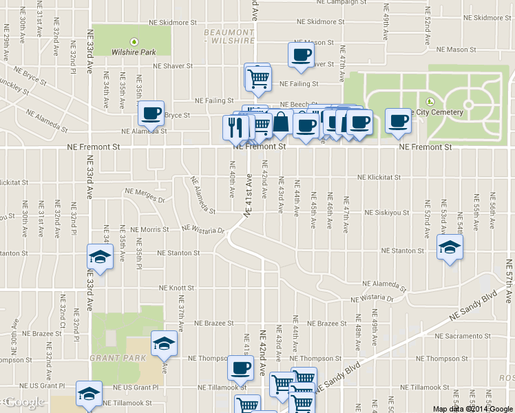 map of restaurants, bars, coffee shops, grocery stores, and more near 3136 Northeast 41st Avenue in Portland