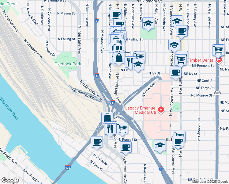map of restaurants, bars, coffee shops, grocery stores, and more near in Portland