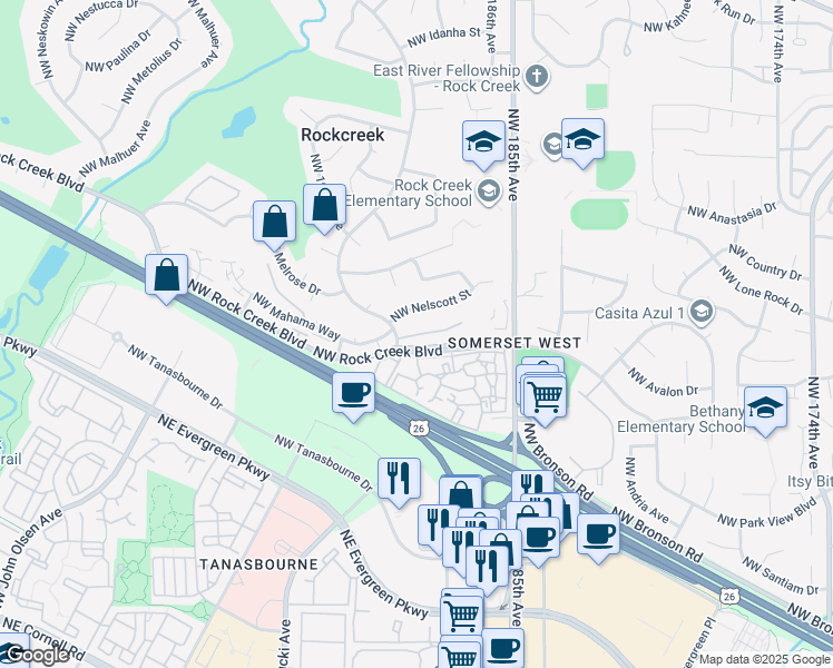 map of restaurants, bars, coffee shops, grocery stores, and more near 18885 Northwest Shadow Lane in Portland