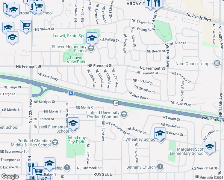 map of restaurants, bars, coffee shops, grocery stores, and more near 13219 Northeast Rose Parkway in Portland