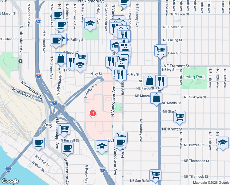 map of restaurants, bars, coffee shops, grocery stores, and more near 3270 North Vancouver Avenue in Portland