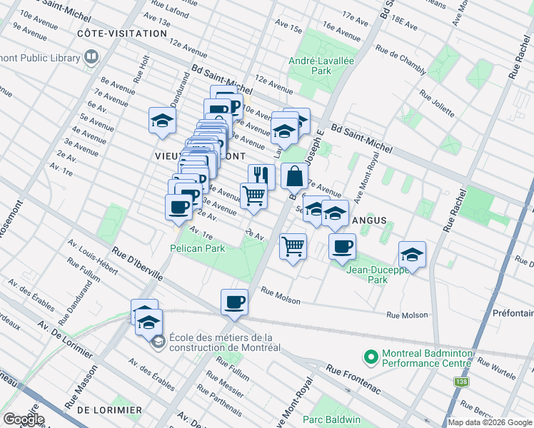 map of restaurants, bars, coffee shops, grocery stores, and more near 5046 4e Avenue in Montréal
