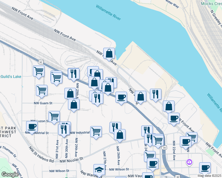 map of restaurants, bars, coffee shops, grocery stores, and more near 3339 Northwest Yeon Avenue in Portland