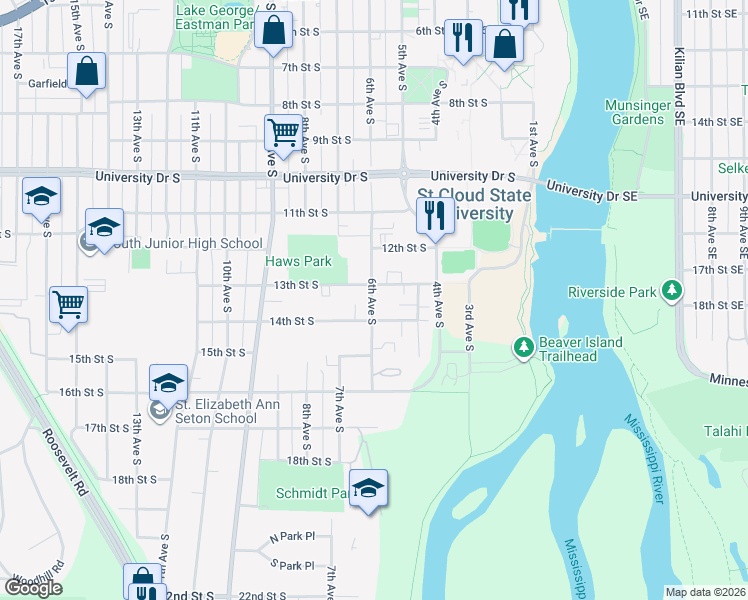 map of restaurants, bars, coffee shops, grocery stores, and more near 600 13th Street South in St. Cloud