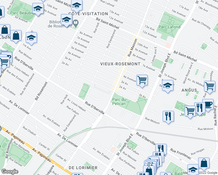 map of restaurants, bars, coffee shops, grocery stores, and more near 5465 1re Avenue in Montréal