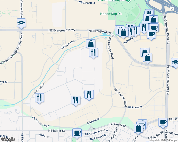 map of restaurants, bars, coffee shops, grocery stores, and more near 2501 Northwest 229th Avenue in Hillsboro