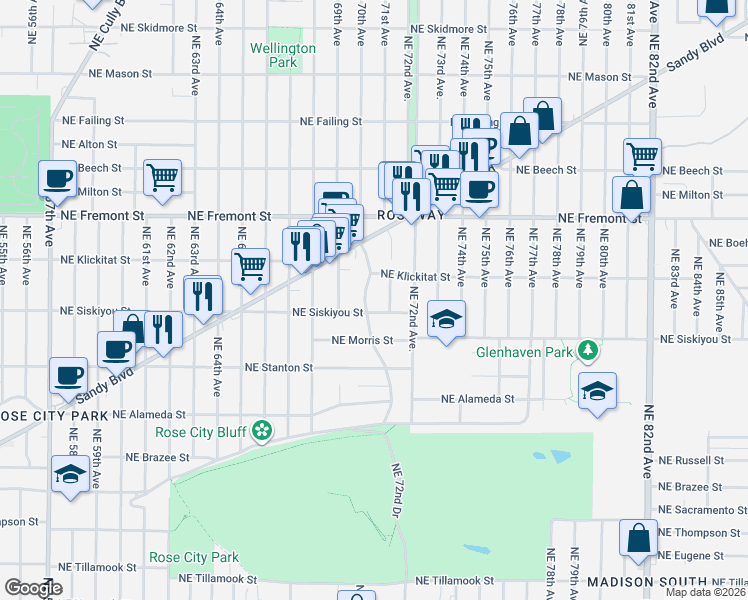 map of restaurants, bars, coffee shops, grocery stores, and more near 3207 Northeast 71st Avenue in Portland