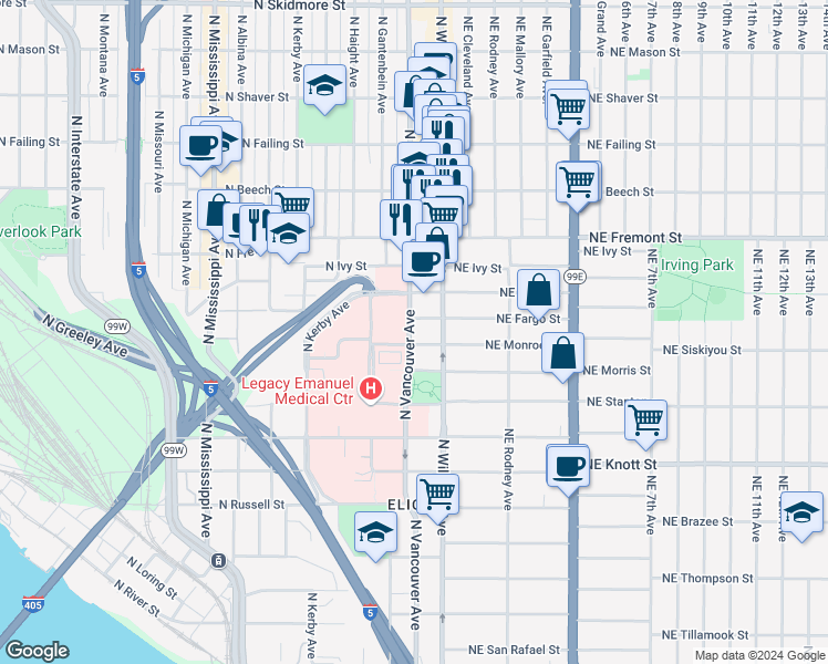 map of restaurants, bars, coffee shops, grocery stores, and more near 3270 North Vancouver Avenue in Portland