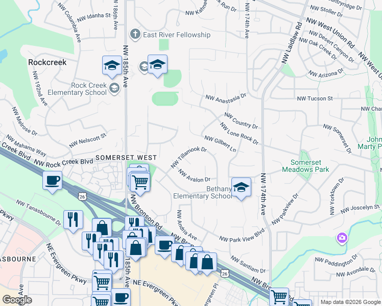 map of restaurants, bars, coffee shops, grocery stores, and more near 17935 Northwest Tillamook Drive in Portland