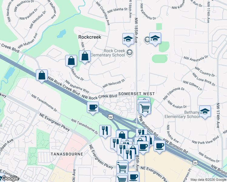 map of restaurants, bars, coffee shops, grocery stores, and more near 18885 Northwest Shadow Lane in Portland