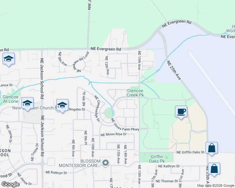 map of restaurants, bars, coffee shops, grocery stores, and more near 1262 Northeast Kinney Street in Hillsboro