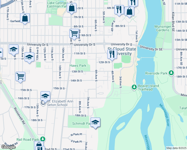 map of restaurants, bars, coffee shops, grocery stores, and more near 600 13th Street South in St. Cloud