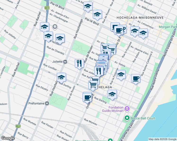 map of restaurants, bars, coffee shops, grocery stores, and more near 2169 Rue Joliette in Montréal