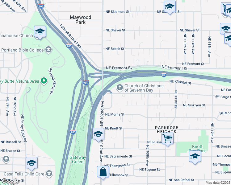 map of restaurants, bars, coffee shops, grocery stores, and more near 10335 Northeast Fargo Street in Portland