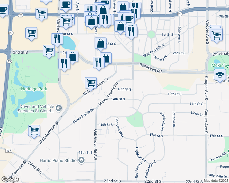 map of restaurants, bars, coffee shops, grocery stores, and more near 1310 Maine Prairie Road in St. Cloud