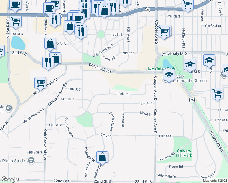 map of restaurants, bars, coffee shops, grocery stores, and more near 1240 22nd Avenue South in St. Cloud