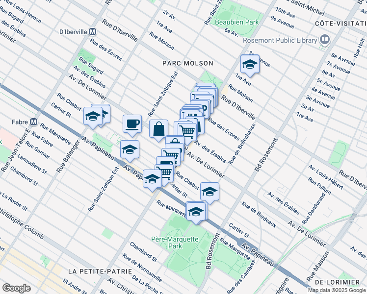 map of restaurants, bars, coffee shops, grocery stores, and more near in Montréal