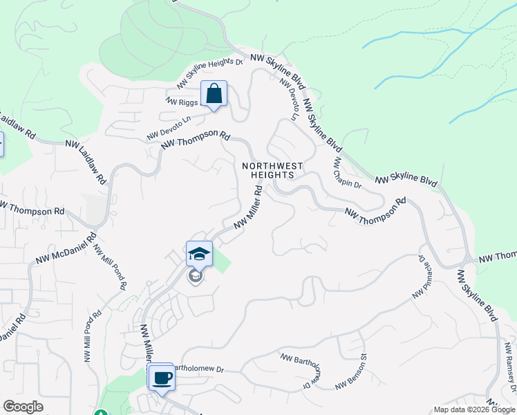 map of restaurants, bars, coffee shops, grocery stores, and more near 3203 Northwest Miller Road in Portland