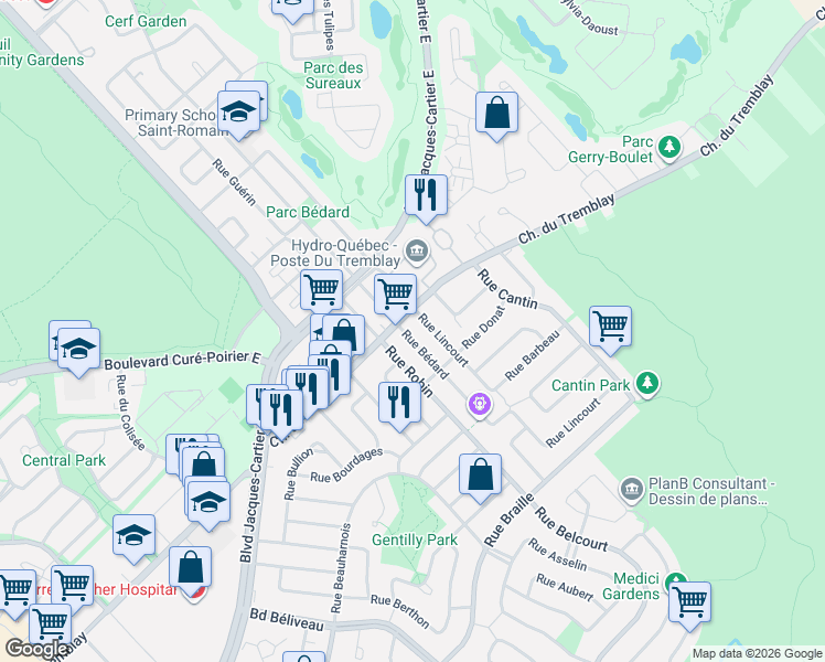 map of restaurants, bars, coffee shops, grocery stores, and more near 2401 Rue Bédard in Longueuil
