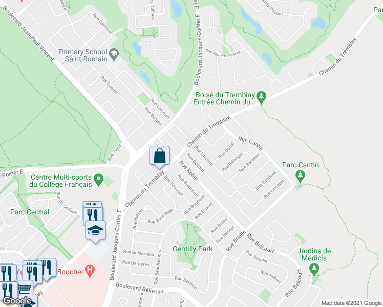 map of restaurants, bars, coffee shops, grocery stores, and more near 2401 Rue Bédard in Longueuil