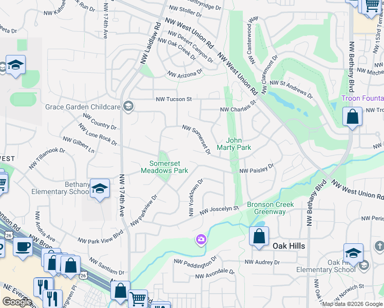 map of restaurants, bars, coffee shops, grocery stores, and more near 16800 Northwest Coburg Lane in Beaverton