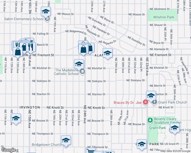 map of restaurants, bars, coffee shops, grocery stores, and more near 3204 Northeast 25th Avenue in Portland