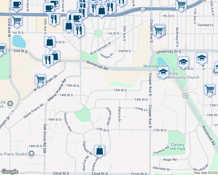 map of restaurants, bars, coffee shops, grocery stores, and more near 1240 22nd Avenue South in St. Cloud
