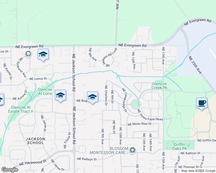 map of restaurants, bars, coffee shops, grocery stores, and more near 2868 Northeast Charlois Drive in Hillsboro