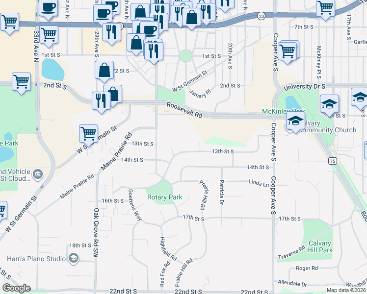 map of restaurants, bars, coffee shops, grocery stores, and more near 2209 13th Street South in St. Cloud