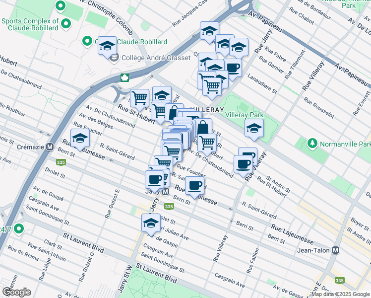 map of restaurants, bars, coffee shops, grocery stores, and more near 744 Rue Jarry Est in Montréal
