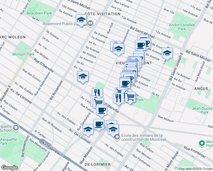 map of restaurants, bars, coffee shops, grocery stores, and more near 2566 Rue Dandurand in Montréal