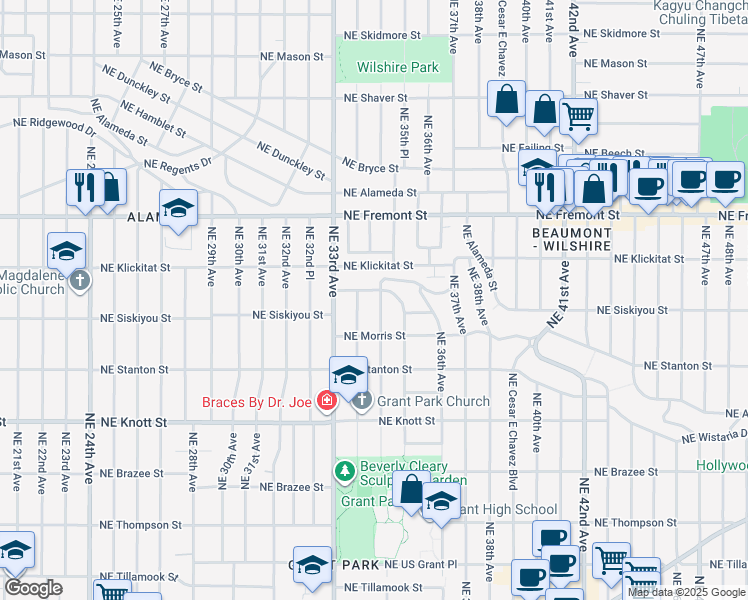 map of restaurants, bars, coffee shops, grocery stores, and more near 3404 Northeast Siskiyou Street in Portland