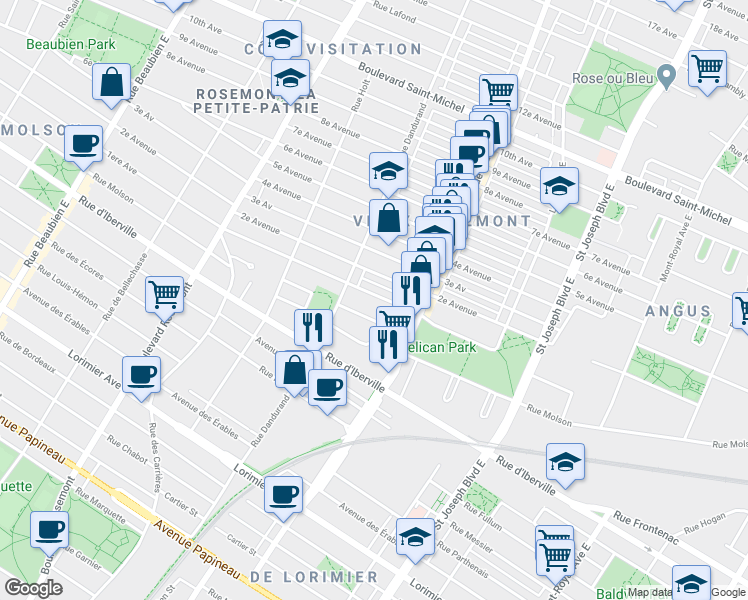 map of restaurants, bars, coffee shops, grocery stores, and more near 5542 Avenue 1re in Montréal