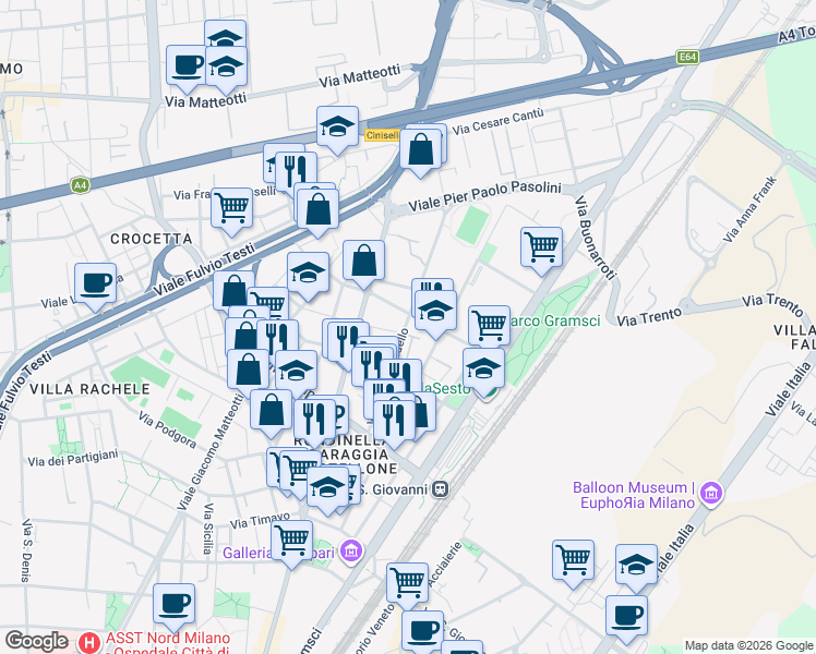 map of restaurants, bars, coffee shops, grocery stores, and more near 93 Via Vincenzo Bellini in Sesto San Giovanni