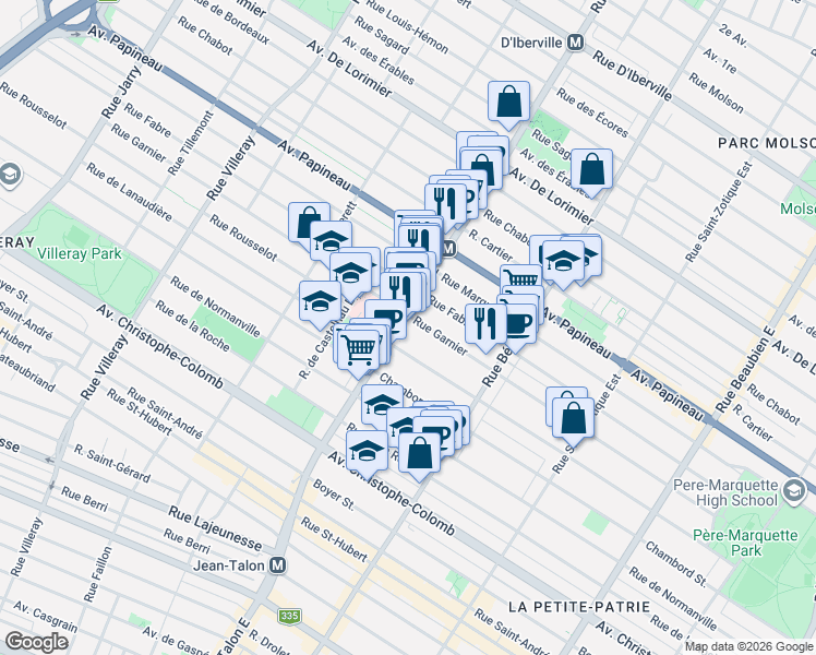map of restaurants, bars, coffee shops, grocery stores, and more near 1384 Rue Jean-Talon Est in Montréal