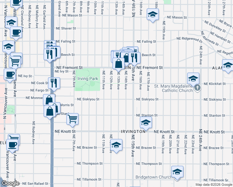 map of restaurants, bars, coffee shops, grocery stores, and more near 3203 Northeast 12th Avenue in Portland