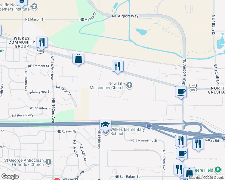 map of restaurants, bars, coffee shops, grocery stores, and more near 3003 Northeast 170th Place in Portland