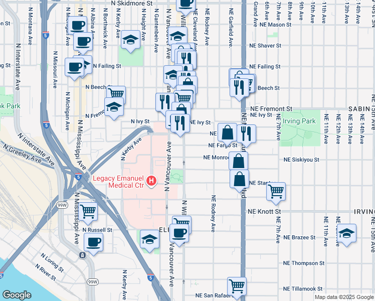 map of restaurants, bars, coffee shops, grocery stores, and more near in Portland
