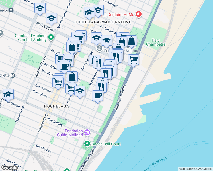 map of restaurants, bars, coffee shops, grocery stores, and more near 3833 Rue Sainte-Catherine Est in Montréal