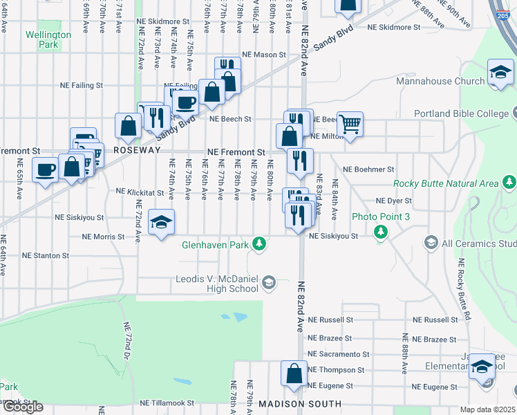 map of restaurants, bars, coffee shops, grocery stores, and more near 3222 Northeast 79th Avenue in Portland