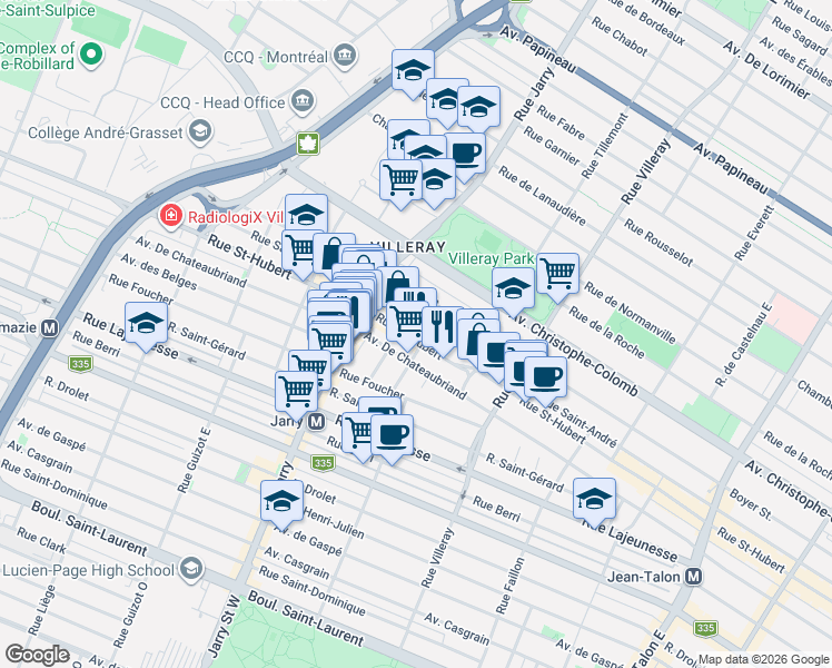 map of restaurants, bars, coffee shops, grocery stores, and more near 7945 Rue Saint-Hubert in Montréal