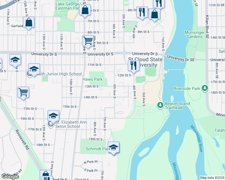 map of restaurants, bars, coffee shops, grocery stores, and more near 600 13th Street South in St. Cloud