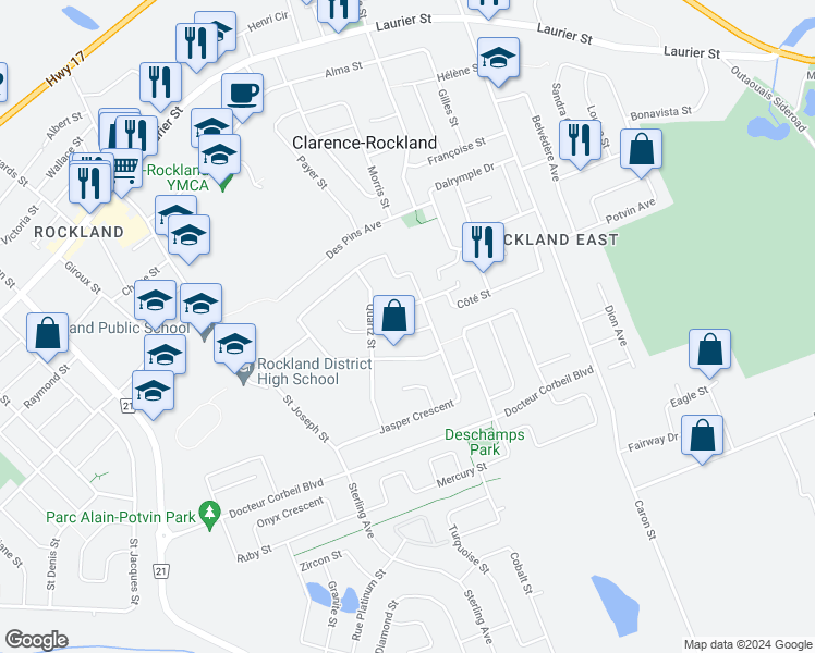 map of restaurants, bars, coffee shops, grocery stores, and more near 420 Crystal Court in Clarence-Rockland
